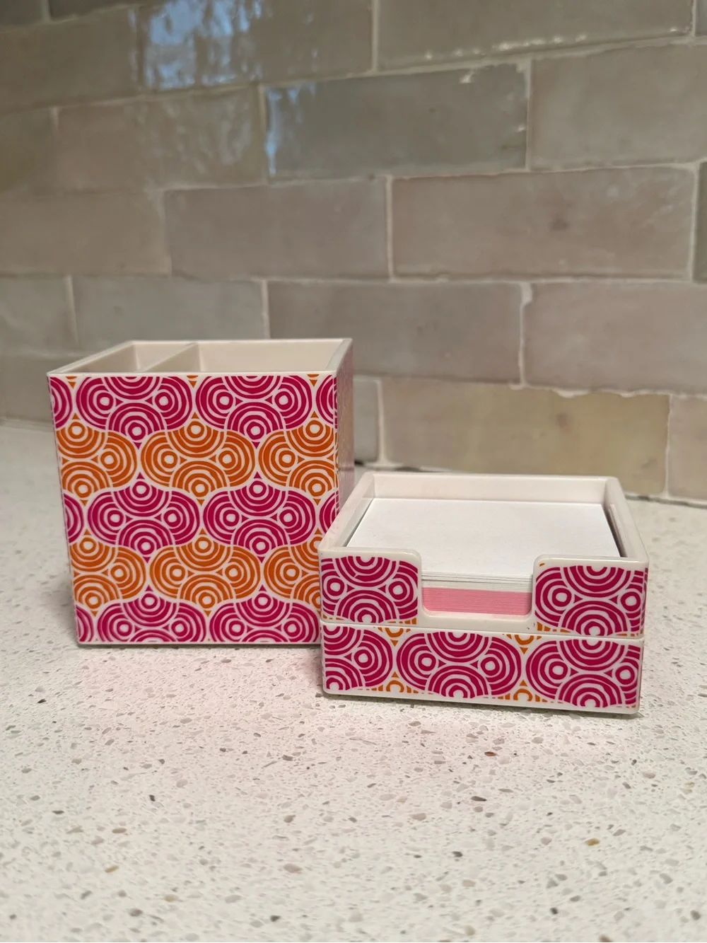 Jonathan Adler Vibrant Pink, Orange and Ivory 3 pc Desk Set/ Pen Cup